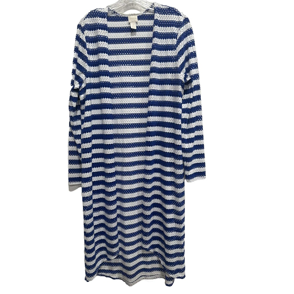 Chico's Large Duster Sweater Blue Eyelet Open Front Beach Cover Stretch Coastal